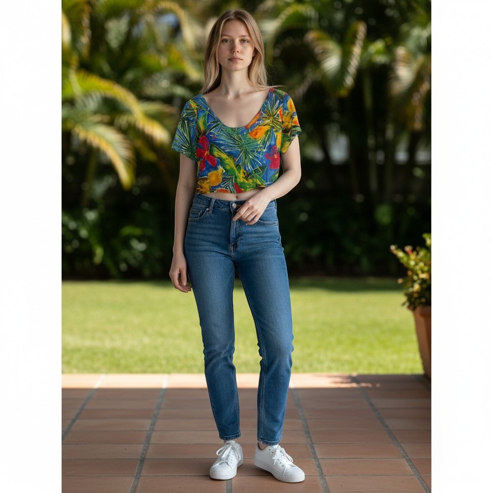 Vintage Style Tropical Floral Crop Top Short Sleeve Scoop Neck Multicolor no tag - Picture 2 of 4